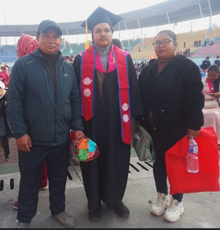 Celebrating a milestone: a proud father at his son’s graduation ceremony, accompanied by his daughter. Moments that truly matter.  Photo Credit Wife of Man Bahadur Pode